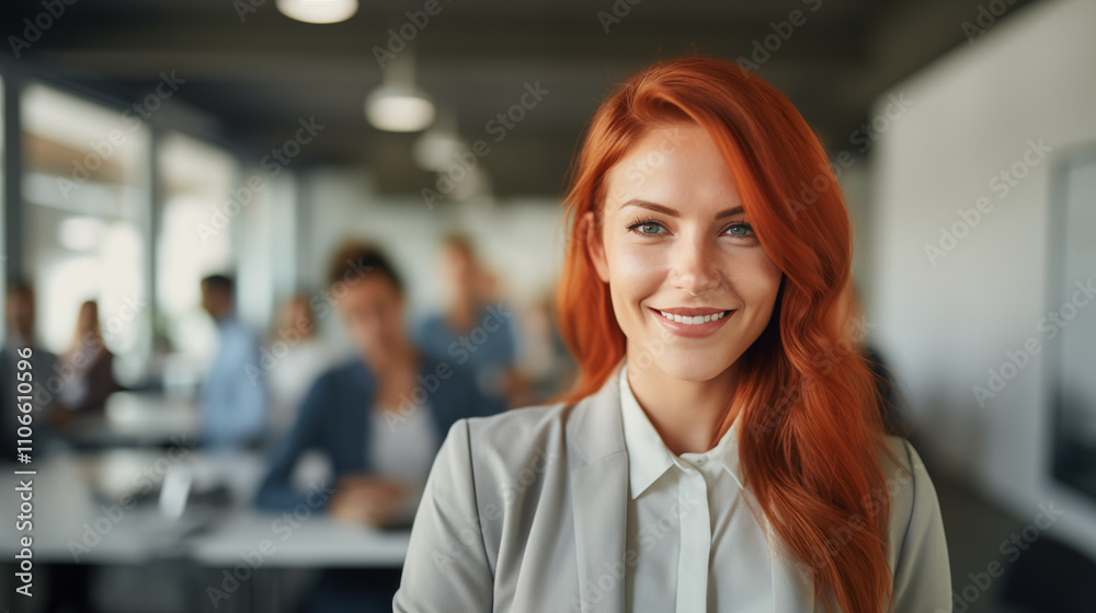 portrait of a beautiful redhaired businesswoman, smiling in a modern office setting, showcasing confidence and approachability