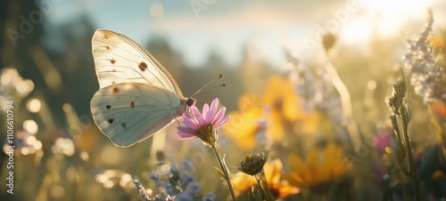 Serene Sunset: Butterfly on Flower in Meadow