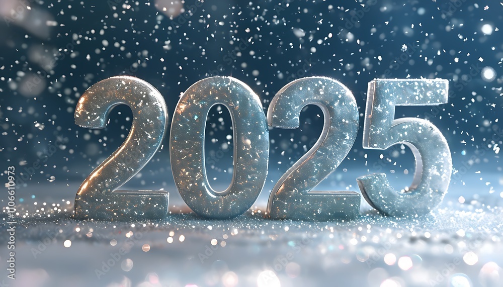elegant 2025 numbers in shimmer snowflakes gently falling around elegant 2025 numbers in shimmer snowflakes gently falling around