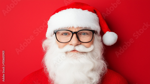 Santa Claus Portrait: A jolly Santa Claus with glasses, sporting a classic white beard and red suit, smiles warmly against a vibrant red backdrop. Perfect for Christmas cards, festive decorations.