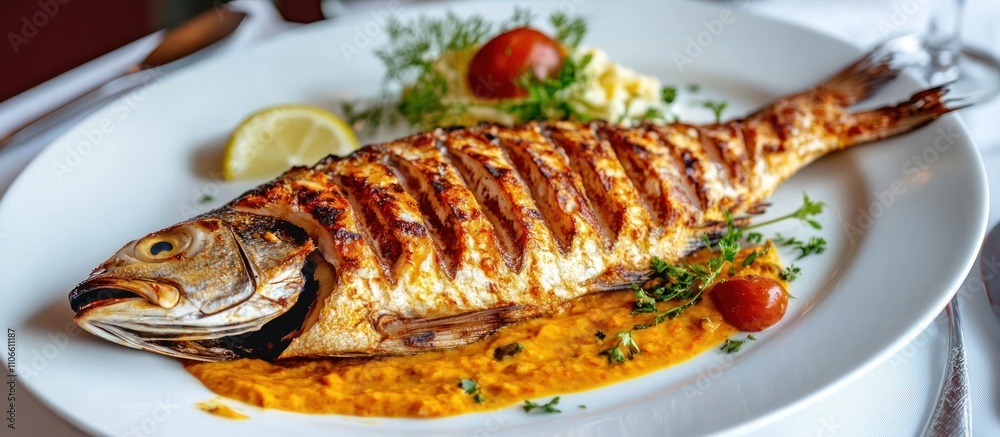 Plated grilled fish with a gourmet presentation, artistic smear of sauce on a white plate Plated grilled fish with a gourmet presentation, artistic smear of sauce on a white plate