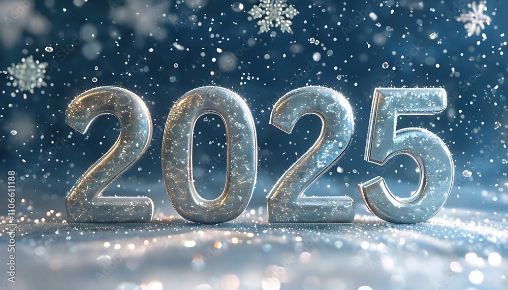 elegant 2025 numbers in shimmer snowflakes gently falling around elegant 2025 numbers in shimmer snowflakes gently falling around