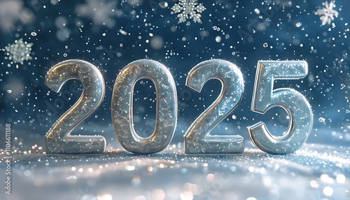 elegant 2025 numbers in shimmer snowflakes gently falling around