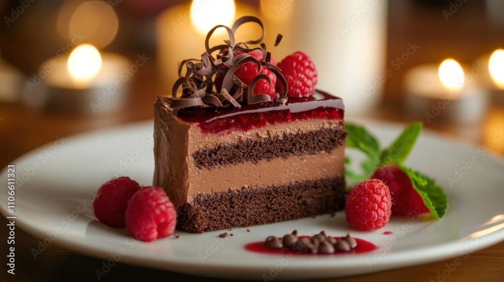A decadent slice of triple chocolate mousse cake garnished with chocolate curls and raspberry coulis, Cake slice centered, Soft candlelight adding an elegant touch A decadent slice of triple chocolate mousse cake garnished with chocolate curls and raspberry coulis, Cake slice centered, Soft candlelight adding an elegant touch