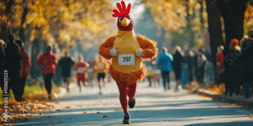 Runner dressed in a turkey costume participating in a fun Thanksgiving race, perfect for holiday promotions, festive events, and family-friendly sports content