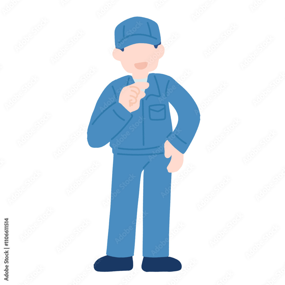 腰に手をあて横を指さしながら話す作業服を着た男性のフラットなイラスト
腰に手をあて横を指さしながら話す作業服を着た男性のフラットなイラスト