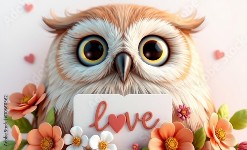 owl christmas Cute 3d owl card with love message and flowers card design illustration element  animal, decoration, season, bird photo