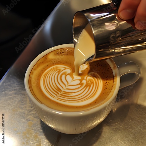 close up of a barista pouring steamed milk into a cup of coffee creating latte art photo