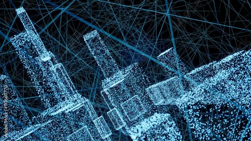 Cidade abstrata em 3D,  apresentando arquitetura futurista e redes de tecnologia em tons de azul.

