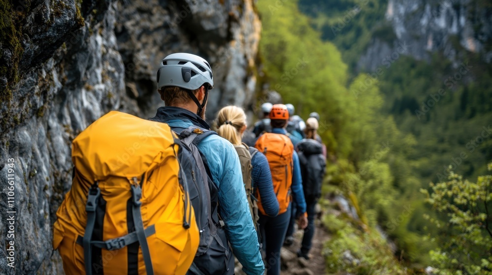 Group of Adventurous Hikers Navigating a Rocky Trail Surrounded by Lush Greenery and Mountain Scenery in a Picturesque Landscape Group of Adventurous Hikers Navigating a Rocky Trail Surrounded by Lush Greenery and Mountain Scenery in a Picturesque Landscape