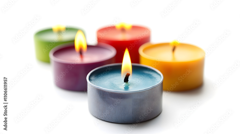 Five colorful lit tea light candles on white. Five colorful lit tea light candles on white.