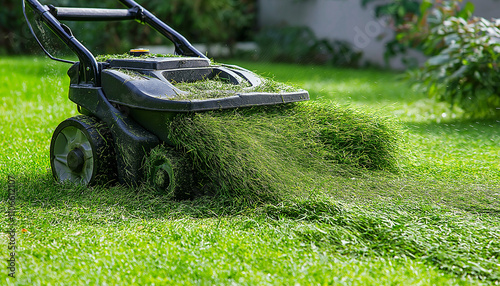 close up Lawn mower cutting green grass in the backyard