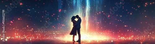 A romantic silhouette of a couple embracing under a colorful light display.