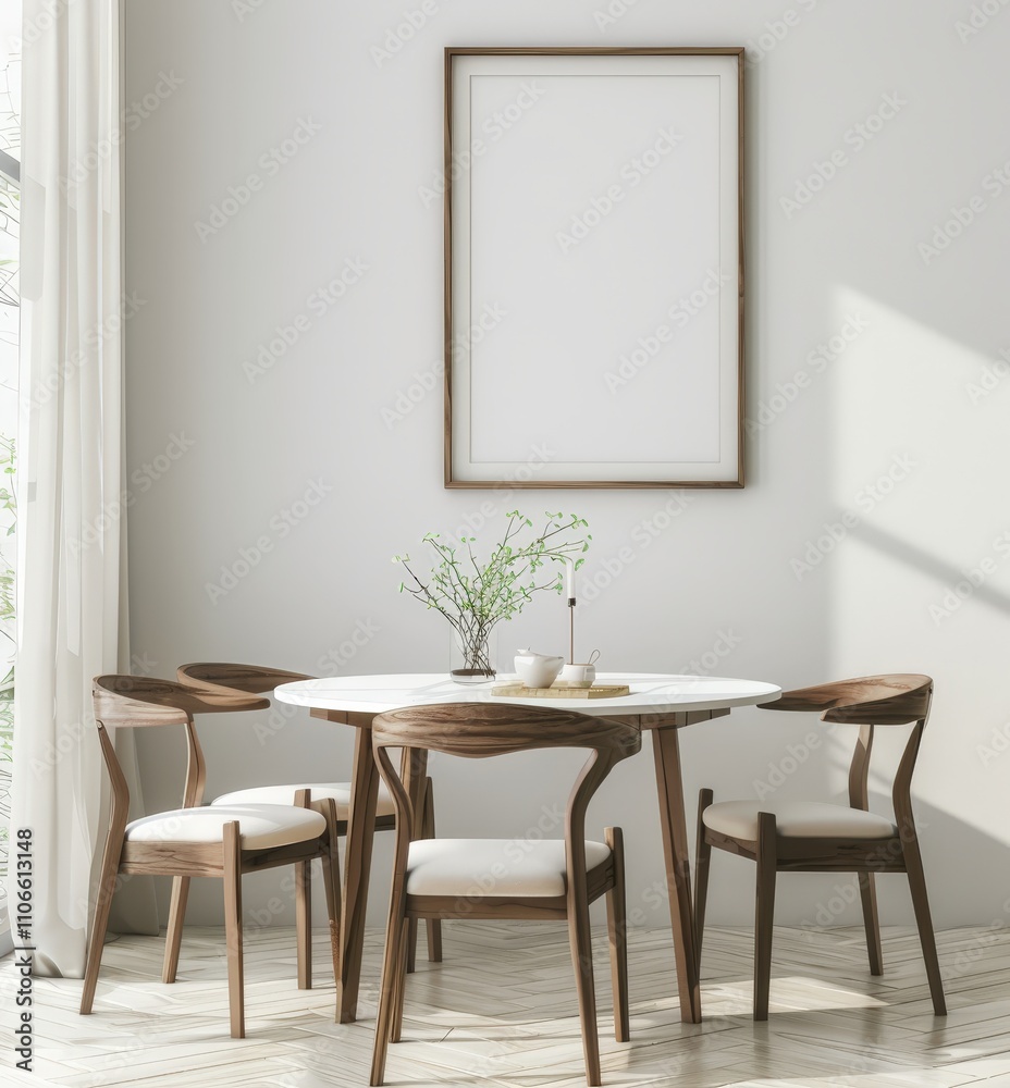 Minimalist dining room with a wooden table and chairs. a framed poster on the wall. and sunlight streaming through the window Minimalist dining room with a wooden table and chairs. a framed poster on the wall. and sunlight streaming through the window