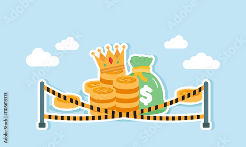 Stacks of money, a money bag, and a crown isolated and restricted by danger warning lines, illustration of assets seized due to a business corruption case