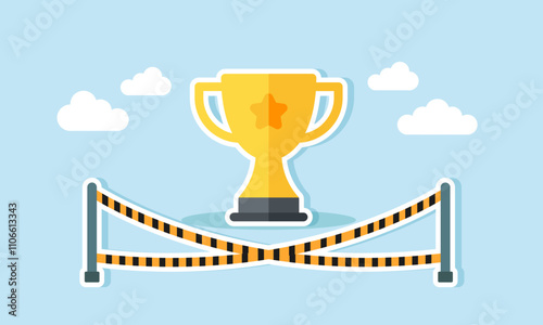 A trophy isolated and restricted by danger warning lines, illustration of a business award suspended due to indications of fraud