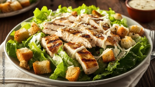 A delightful plate of chicken Caesar salad topped with grilled chicken strips, croutons, and shaved Parmesan cheese