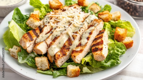 A delightful plate of chicken Caesar salad topped with grilled chicken strips, croutons, and shaved Parmesan cheese