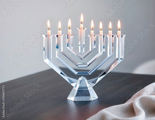 Brightly lit crystal menorah with candles during Hanukkah 2025 celebration. Generative AI photo