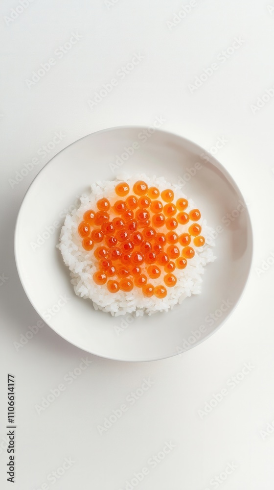 真っ白な背景にご飯とイクラを乗せたエレガントでシンプルなボウル 真っ白な背景にご飯とイクラを乗せたエレガントでシンプルなボウル