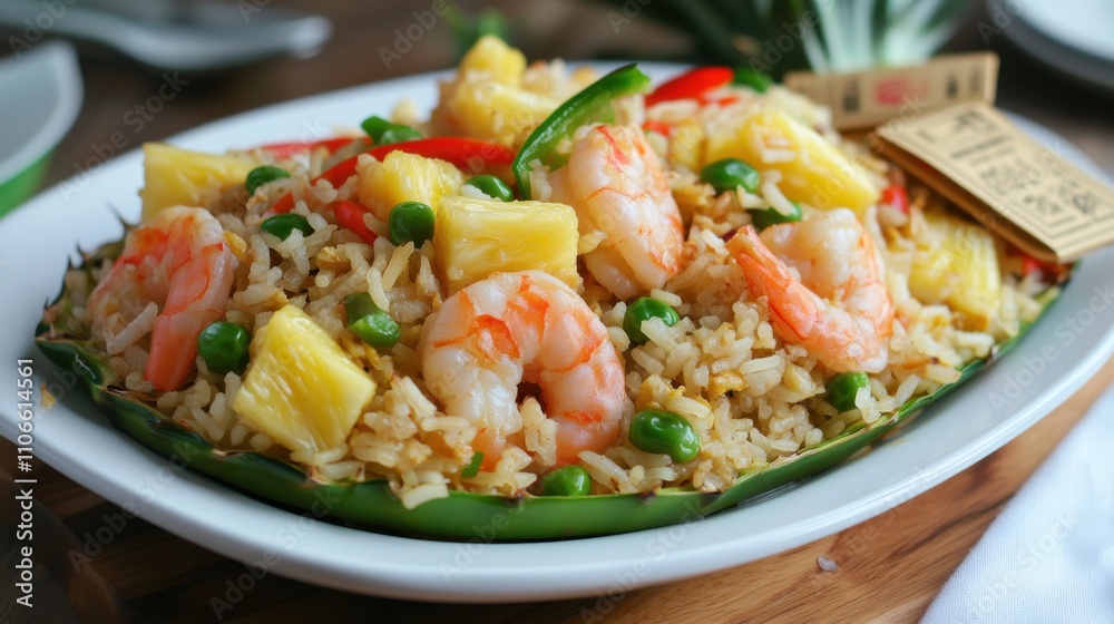 A delightful plate of shrimp fried rice served in a pineapple boat with colorful bell peppers and green onions, Shrimp fried rice presented beautifully with pineapple chunks