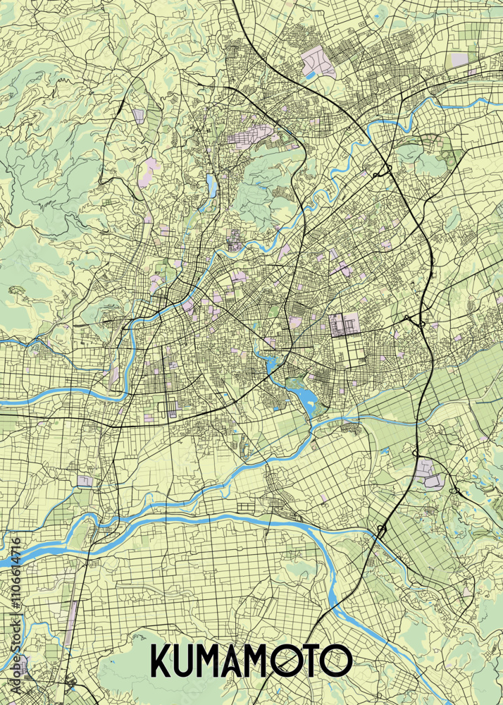This is a detailed map of Kumamoto, Japan, rendered in a minimalist style. This is a detailed map of Kumamoto, Japan, rendered in a minimalist style.