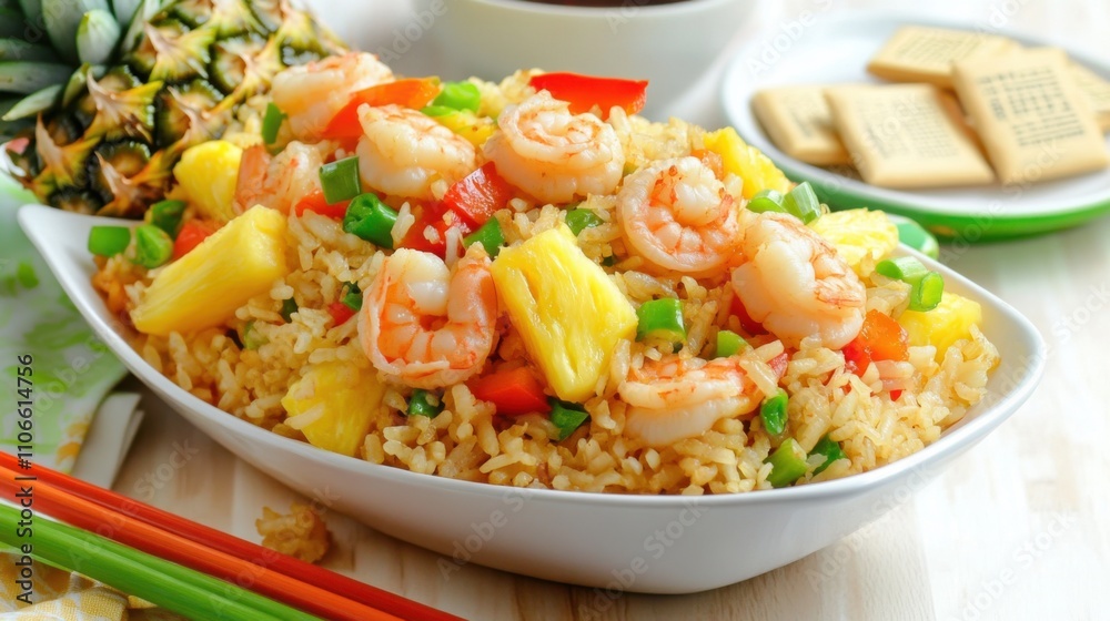 A delightful plate of shrimp fried rice served in a pineapple boat with colorful bell peppers and green onions, Shrimp fried rice presented beautifully with pineapple chunks A delightful plate of shrimp fried rice served in a pineapple boat with colorful bell peppers and green onions, Shrimp fried rice presented beautifully with pineapple chunks