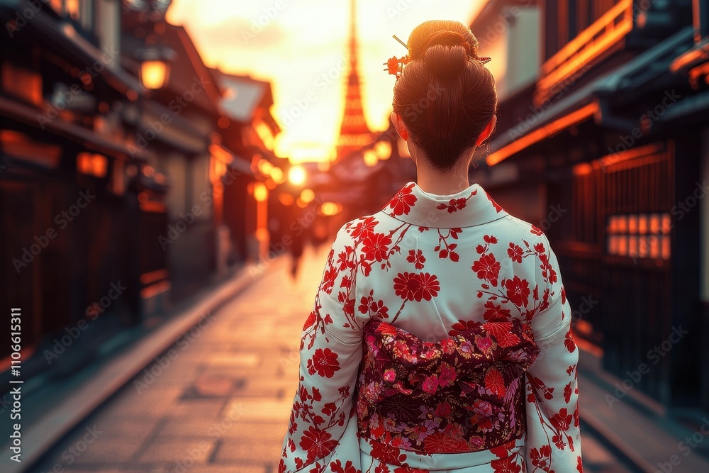 Fototapeta premium Kyoto Sunset Woman in Kimono Japan Travel Asian Culture