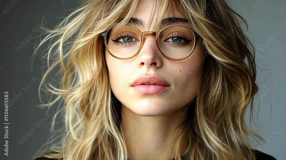 Portrait of a young woman with stylish glasses and tousled hair, showcasing a confident expression in soft lighting Portrait of a young woman with stylish glasses and tousled hair, showcasing a confident expression in soft lighting