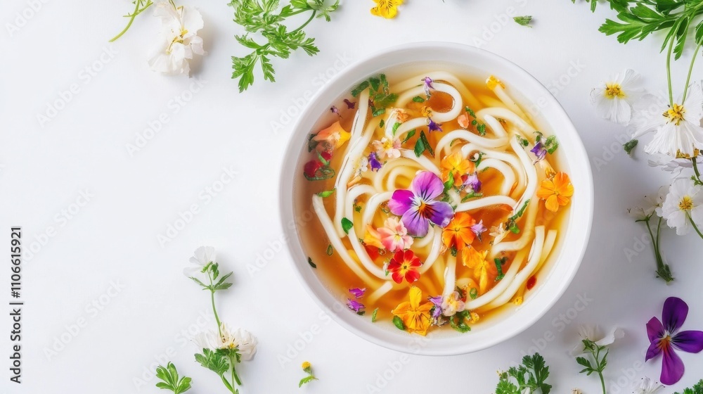 明るい白い背景に色とりどりの食用花を添えた新鮮な春の麺 明るい白い背景に色とりどりの食用花を添えた新鮮な春の麺
