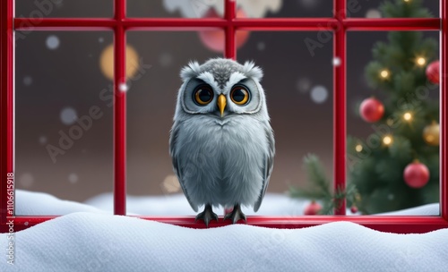 owl christmas A bird sitting on a red window sier  animal, decoration, season, bird photo