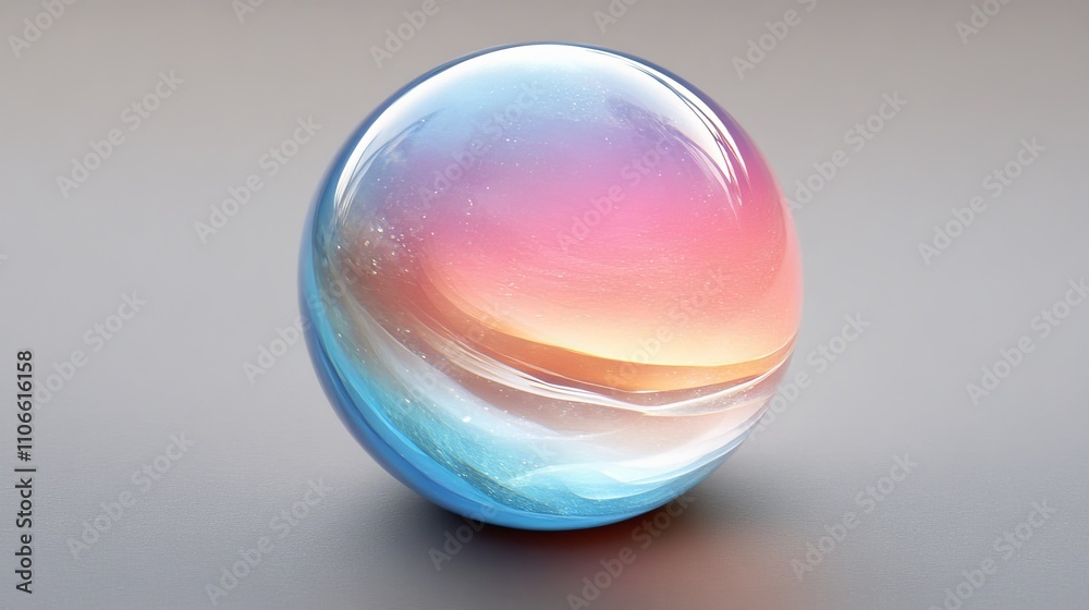 A glass marble with soft color gradations resting on a smooth surface, showcasing its reflective textures and colorful glow in natural light. 