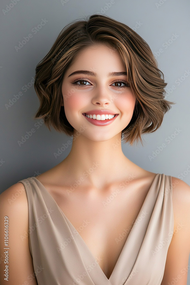 portrait of a Brunette caucasian beauty model with trendy wavy short hairstyle portrait of a Brunette caucasian beauty model with trendy wavy short hairstyle