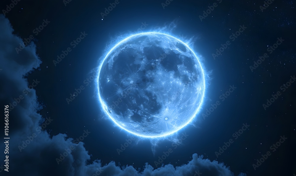 The blue supermoon with a deep blue halo, surrounded by subtle star fields and cosmic dust The blue supermoon with a deep blue halo, surrounded by subtle star fields and cosmic dust