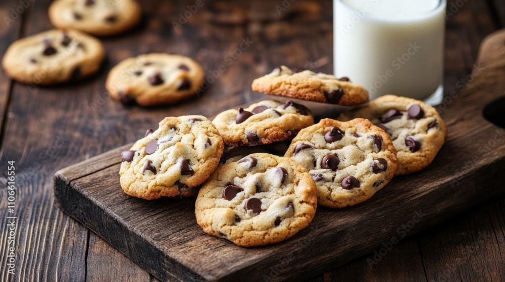 A freshly baked batch of chocolate chip cookies, golden brown and gooey in the center, arranged on a rustic wooden board A freshly baked batch of chocolate chip cookies, golden brown and gooey in the center, arranged on a rustic wooden board