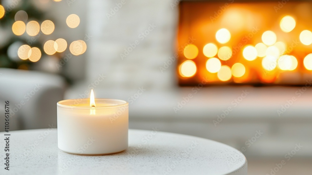 Cozy Home Interior Lit Candle on Table near Fireplace Bokeh Lights Cozy Home Interior Lit Candle on Table near Fireplace Bokeh Lights