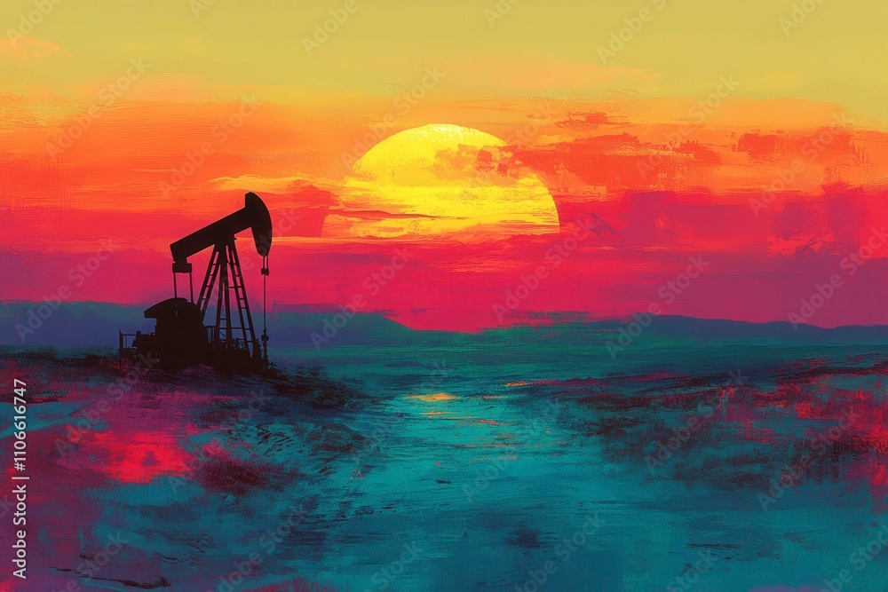 Vibrant Sunset Over Oil Pump in Colorful Landscape Vibrant Sunset Over Oil Pump in Colorful Landscape