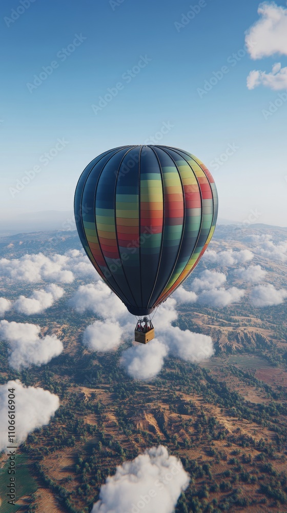 Fototapeta premium A realistic image of a colorful hot air balloon floating high above scenic landscapes, with soft clouds and a vast blue sky in the background 