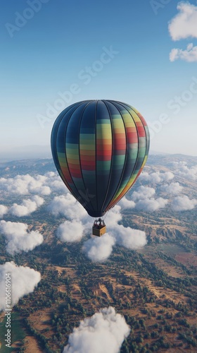 A realistic image of a colorful hot air balloon floating high above scenic landscapes, with soft clouds and a vast blue sky in the background  photo