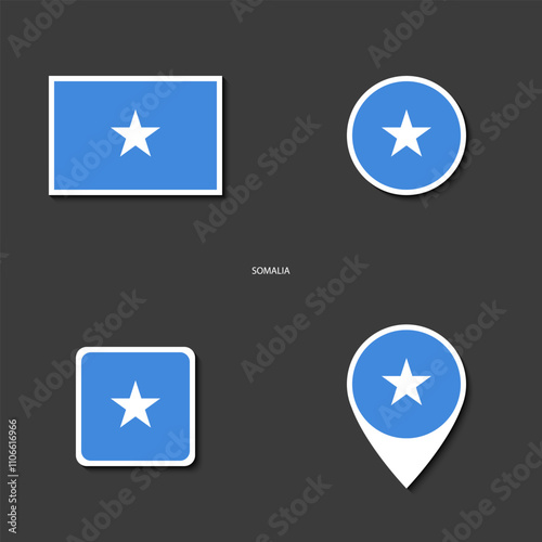 Somalia flag icon set in different shape (rectangle, circle, square and marker icon) on dark grey background. Somalia sticker icon collection on barely dark background	
