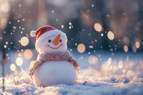 A cute snowman in the snowy landscape, smiling and wearing a scarf and hat. The background is blurred with bokeh lights of trees