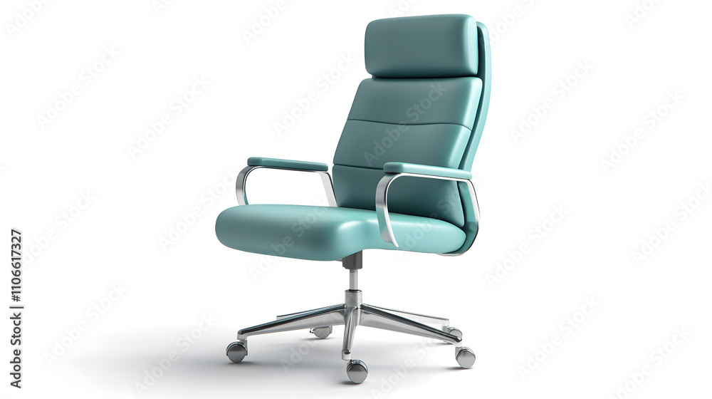 Teal leather office chair with chrome base and armrests on white background.