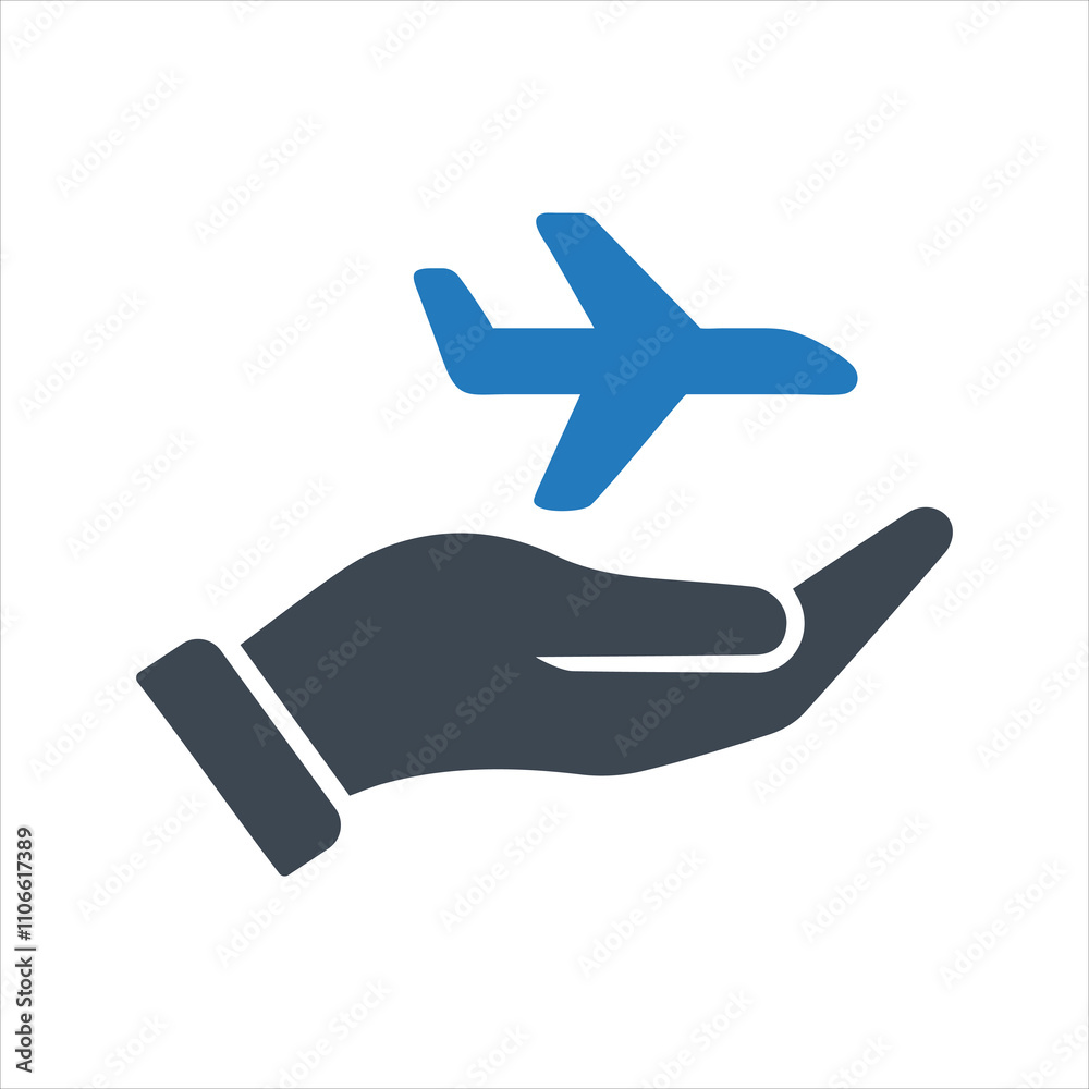 Travel insurance icon. Airplane in hand. Flying plane. Air transport icon Travel insurance icon. Airplane in hand. Flying plane. Air transport icon