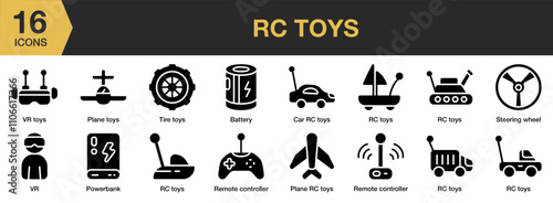 Rc Toys solid icon set. Includes battery, car rc, plane, powerbank, remote controller, and More. Solid icons vector collection.
