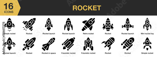 Rocket solid icon set. Includes futuristic, mini, retro, launch, rocket, and More. Solid icons vector collection.