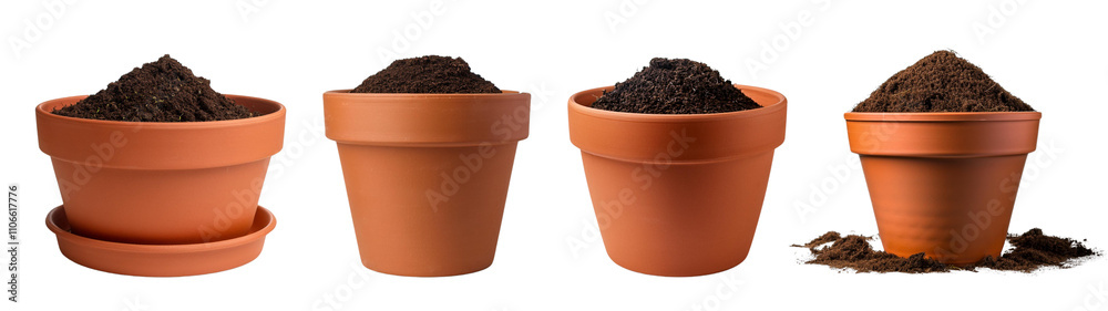 Set of four terracotta pots filled with soil on a white background. Set of four terracotta pots filled with soil on a white background.