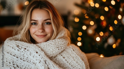 Cozy Christmas Woman in Knit Blanket by Fireplace