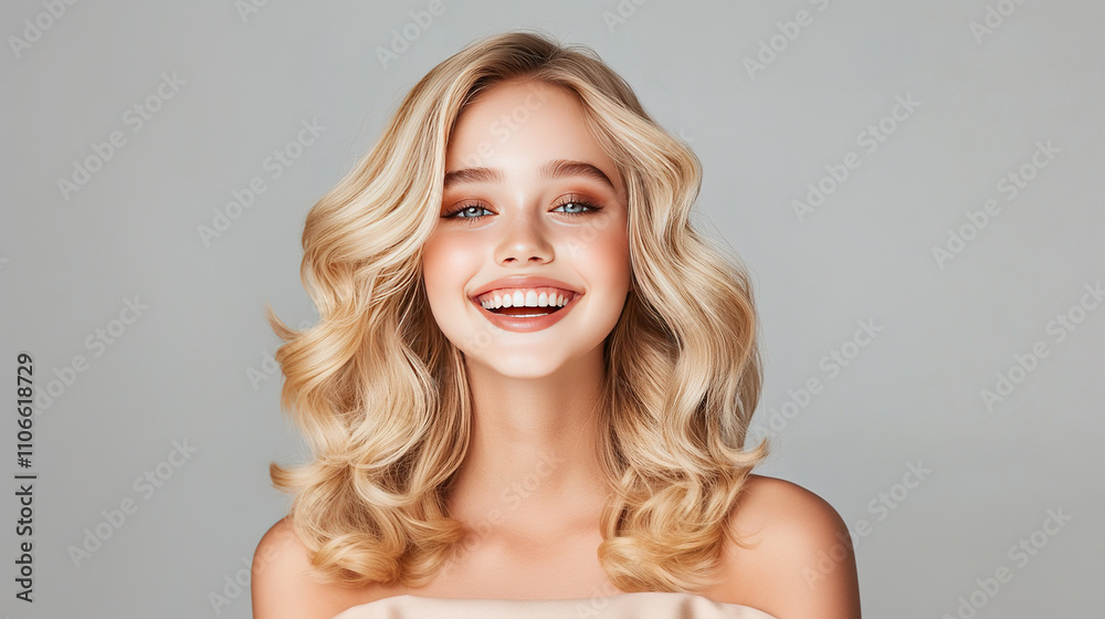portrait of a blonde caucasian beauty model with trendy wavy medium-long hairstyle portrait of a blonde caucasian beauty model with trendy wavy medium-long hairstyle
