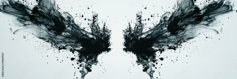 Abstract black ink splashes resembling angel wings on a light background. Abstract black ink splashes resembling angel wings on a light background.