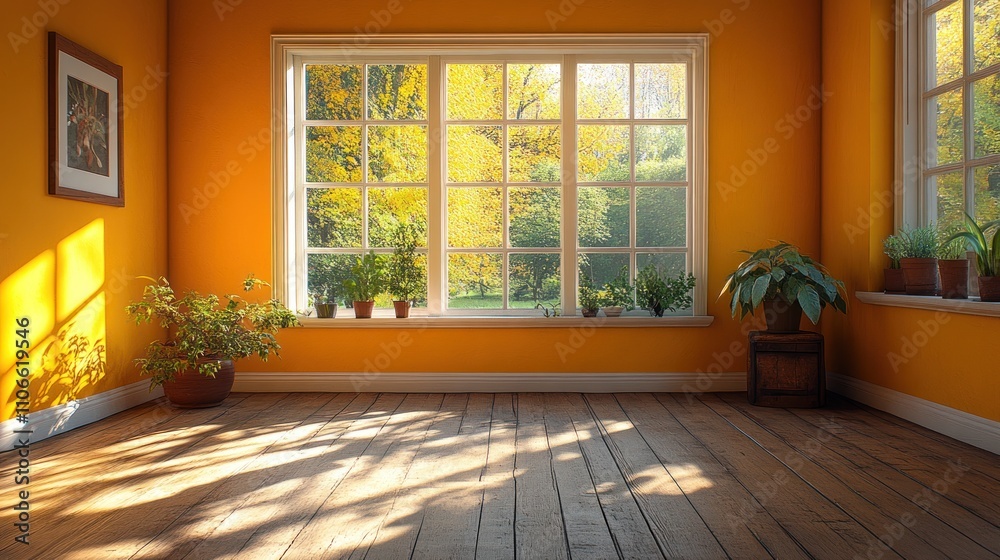 Sunlit Autumn Room With Plants And Wooden Floor Sunlit Autumn Room With Plants And Wooden Floor